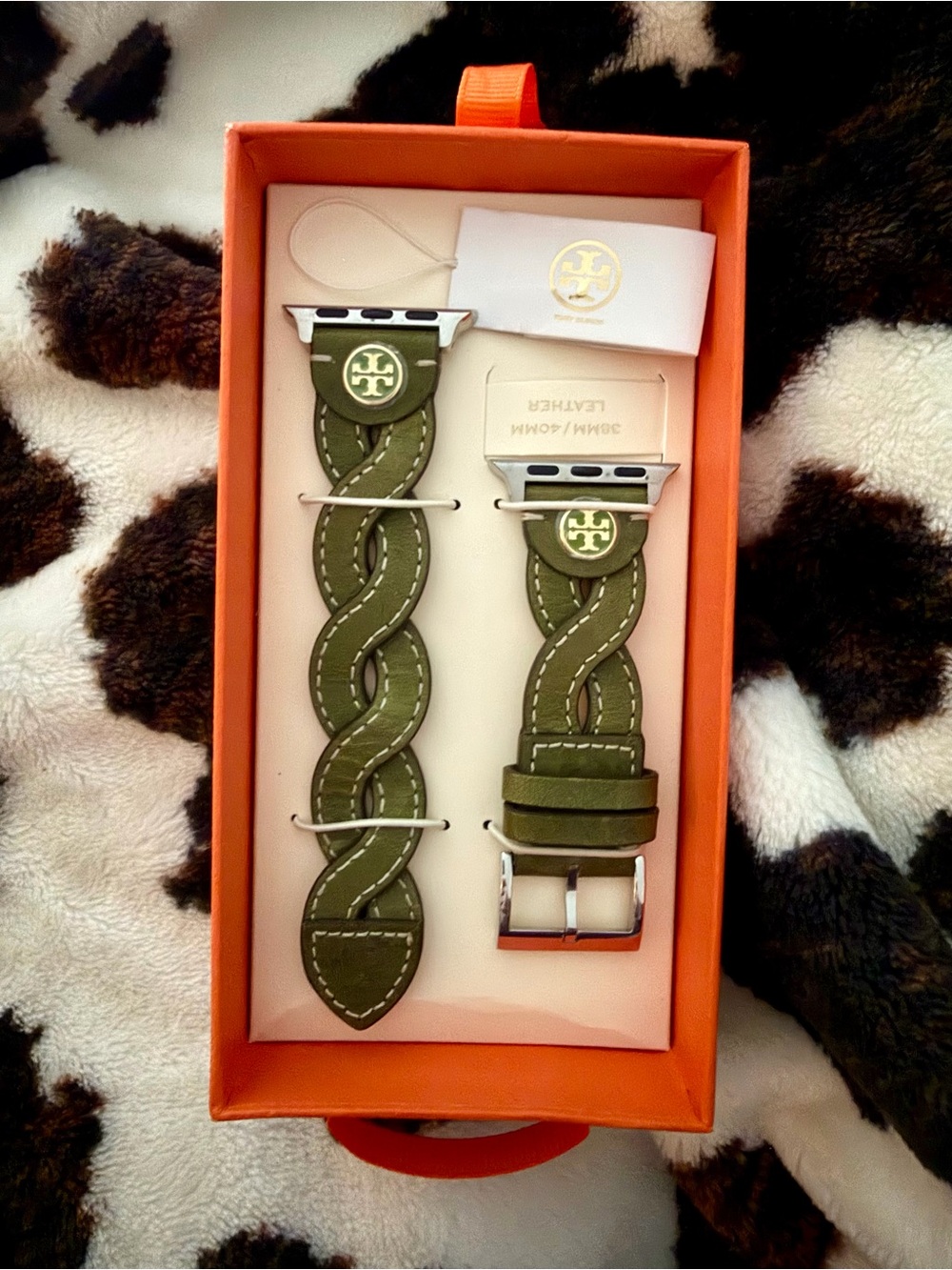 Tory Burch Olive Green Braided Leather Apple Watch Band - Size 38 / 40